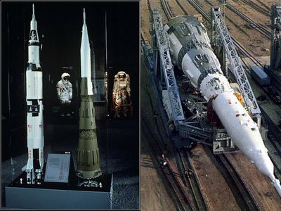 A la izquierda el cohete Saturno 5 en comparacion con el N-1 (a escala). A la derecha en tamaño real el cohete N-1.